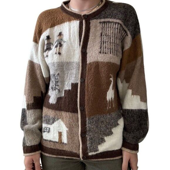 Vintage 1970s Unisex Brown 100% Alpaca Peruvian Cottagecore Cozy Cardigan sz L - Picture 2 of 6